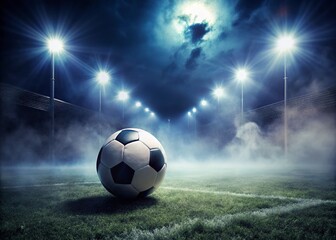 Naklejka premium ethereal high-contrast shot of a soccer ball on a foggy night field with subtle lens flares and crisp starbursts
