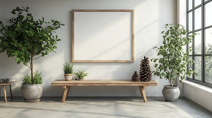 Interior composition in living room rustic wood bench green plant in pots ceramic vase pine cones statuette and picture in frame with blank space hanging on white wall Scandinavian des : Generative AI