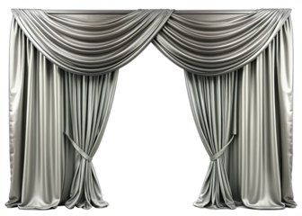 Two silver stage curtains with a decorative top valance are pulled open to reveal a white background. The curtains are isolated on a white background