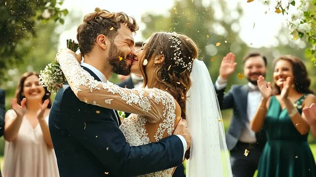 bride and groom embrace in a joyous first kiss as newlyweds, while their friends and family cheer around them, encapsulating the happiness and communal support of a wedding day