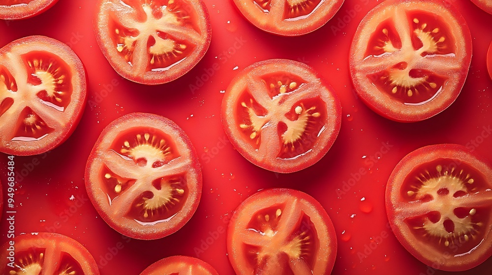 Poster seamless pattern from slices of ripe tomatoes on a red background : generative ai