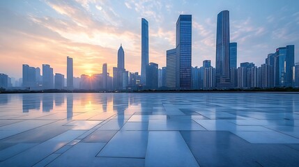 Obraz premium Empty square floors and city skyline with modern buildings at sunset in Guangzhou Panoramic view : Generative AI