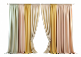 A set of soft colored curtains in green, pink, yellow, and beige are draped on a white background. The curtains are tied back on each side, revealing a view of a window