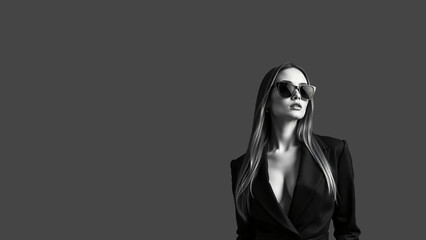 woman in black deep v neck jacket and dark sunglasses