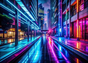 Fototapeta premium futuristic neon lights sidewalk cyberpunk cityscape urban glow vibrant colors dystopian mood long exposure sharp focus sci-fi-inspired futuristic architecture