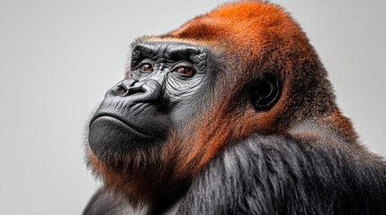 Obraz premium Close-up Portrait of a Majestic Gorilla with Intense Gaze on Gray Background
