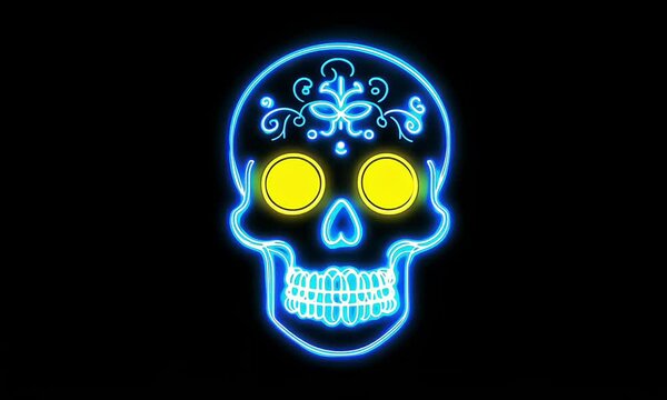 Vibrant neon blue and yellow Day of the Dead skull with ornate decorations on a black background