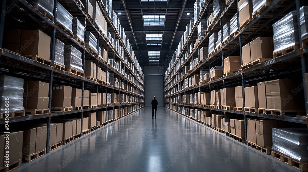 Poster large storage warehouse there is a walkway in the middle between the shelves : generative ai