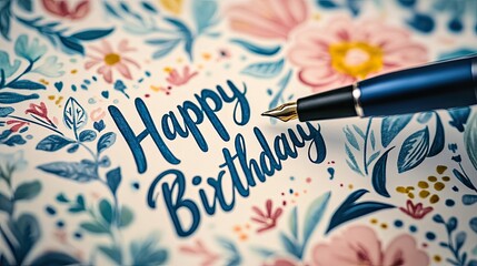 A close-up of a hand lettering "Happy Birthday" on a card with a calligraphy pen, surrounded by floral illustrations.