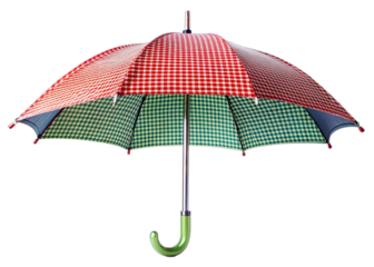 A red and green checkered umbrella is isolated on a white background. The umbrella is open and the handle is facing towards the viewer