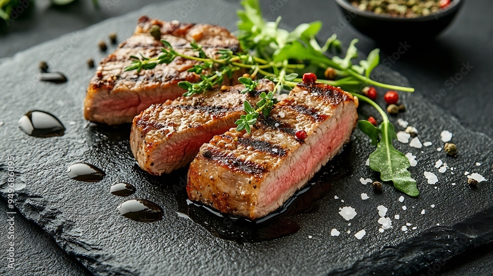 Poster delicious juicy pork or beef steak with salt spices and herbs on a textured concrete background : ge