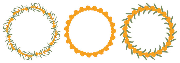 Artistic representation of three sea buckthorn berry wreaths with green leaves, showcasing circular formations of the radiant orange berries and rich green foliage.