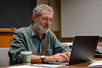 Fototapeta premium University Professor Using Digital Textbooks and Notes to Prepare Lecture on Laptop