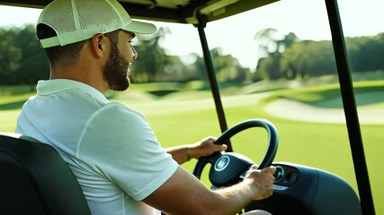 A man is shown behind the wheel of a golf cart, driving across the well-manicured landscape of a golf course, reflecting the casual and serene atmosphere of a day spent golfing