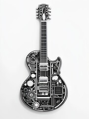 A stylized guitar design featuring mechanical and technological elements.