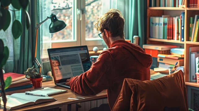 Adult Learner Studying Online at Home with Laptop and Books for Skill Development