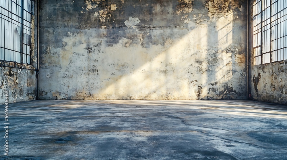 Poster empty warehouse room with grungy stucco concrete wall floor room as background corner of old grunge 