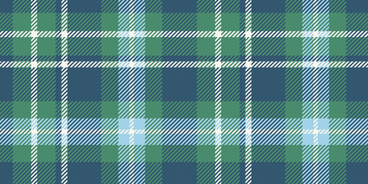 The pattern is a seamless tartan in blue, green, and white, with intersecting lines and squares forming a classic and sophisticated textile look.