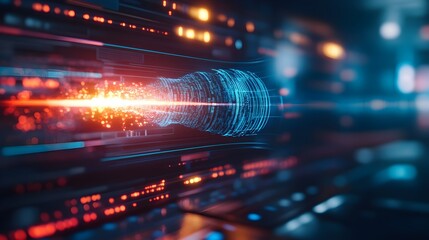 Fototapeta premium AI soundwaves merging with digital voice assistant, surrounded by holographic interfaces and futuristic tech devices, all in a sleek modern setting