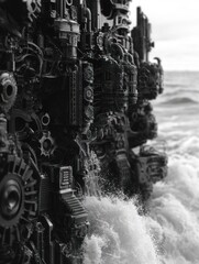A striking contrast of industrial machinery against crashing waves, blending nature and technology.