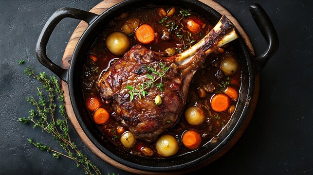 Modern style traditional braised slow cooked lamb shank in red wine sauce with shallots and carrots offered as top view in a design stewpot : Generative AI