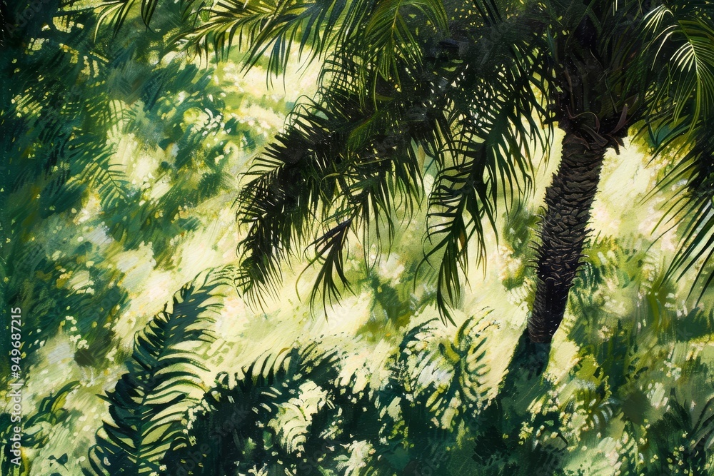 Aufkleber a palm trees shadow falls on the grass creating dappled patterns of light and dark, the dappled shad