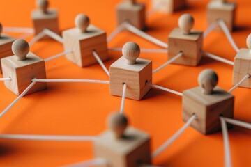 Wooden Figures Connected by Strings on an Orange Background