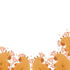 Fototapeta premium Frame, border, card with hand draw capybara and copy space. Vector illustration in flat style. Cartoon cute animal for print. Kids illustration on white background.