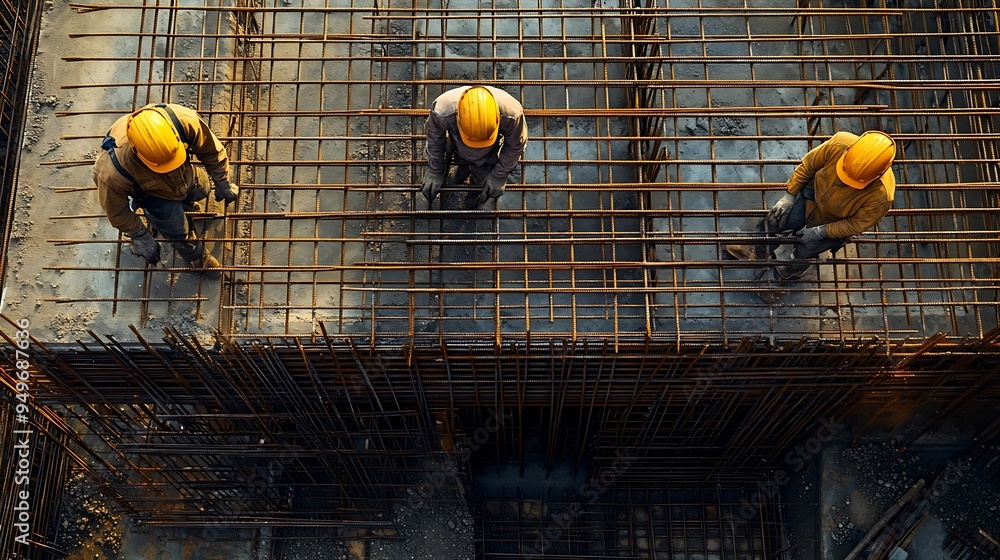 Poster Builders workers at a house construction site are installing prepare formwork reinforcement for pouring concrete Process of work on a construction site Work at height : Generative AI