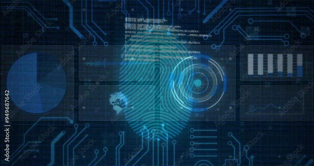 Poster Fingerprint scanning and data processing animation over digital circuit background