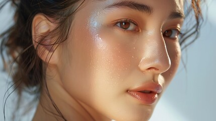 A beauty shot of an Asian model using anti-aging serum, focusing on her smooth and youthful skin, soft lighting, clean background, capturing the rejuvenating effect, hd quality, skincare routine.