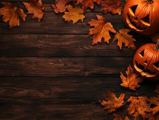 Obraz premium Halloween Pumpkins with Autumn Leaves on Rustic Wooden Surface