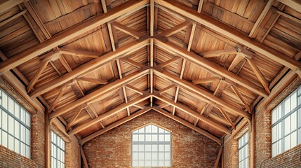 Gable roof truss of a large vintage factory hall Roofing construction sheathing made of wooden planks Brick walls and arcade windows Industrial interior : Generative AI