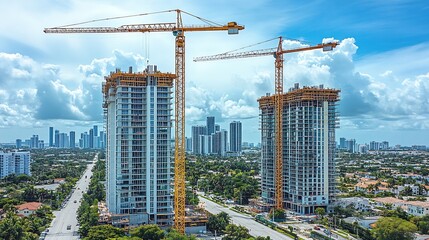 Tower lifting cranes at high residential apartment building construction site Real estate development in Miami urban area : Generative AI