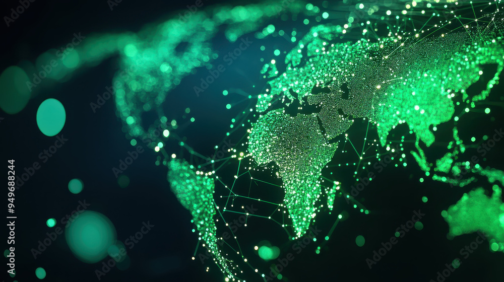 Poster abstract representation of a glowing green world map with digital connections and points of light ag