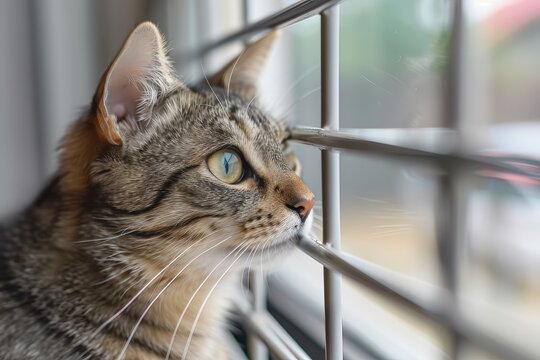Cat Gazing Through Window Bars in Soft Natural Light and Serene Atmosphere