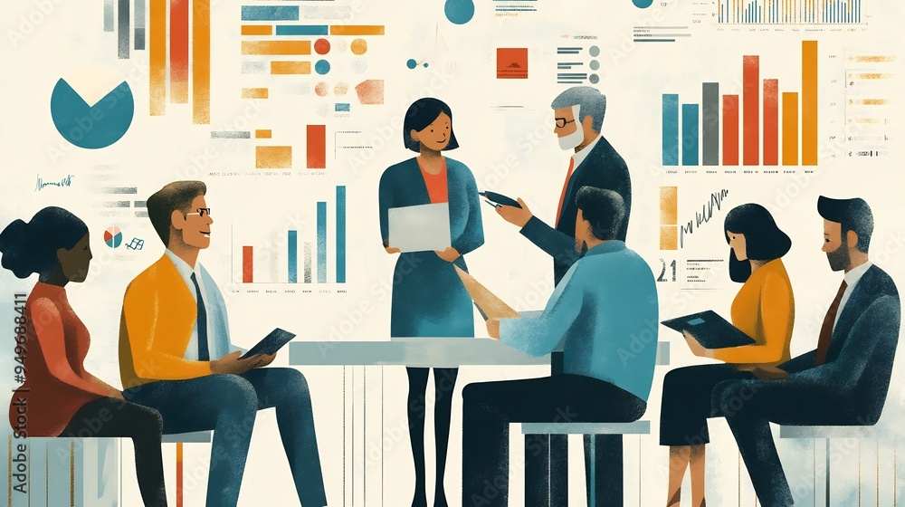 Poster illustration of a diverse group of clients consulting with a financial advisor with charts and proje