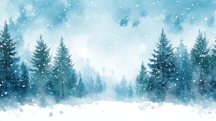 Naklejka premium Winter landscape with snow falling over evergreen trees, creating serene and tranquil atmosphere.