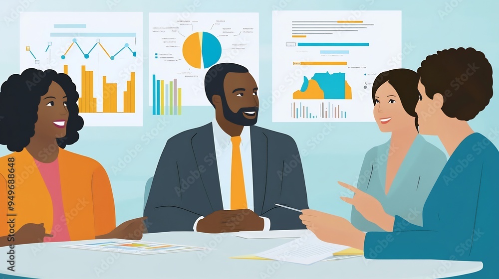 Poster illustration of a diverse group of clients consulting with a financial advisor with charts and proje