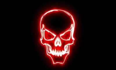Neon red skull glowing with an intense fiery outline on a dark background
