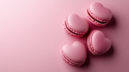 Obraz premium French sweet Strawberry Pink heart macaroons isolated on pink background. Pastry shop card with copy spacefrench macaroons,Paris Pastry,bakery and branding valentine couple concept,copy space.