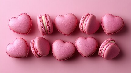 Fototapeta premium French sweet Strawberry Pink heart macaroons isolated on pink background. Pastry shop card with copy spacefrench macaroons,Paris Pastry,bakery and branding valentine couple concept,copy space.