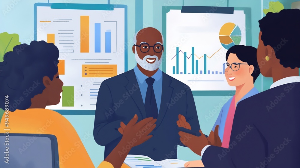 Poster illustration of a diverse group of clients consulting with a financial advisor with charts and proje