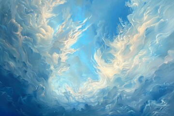 A painting depicting a clear blue sky with fluffy white clouds, The delicate beauty of cirrus clouds streaking across a canvas of blue