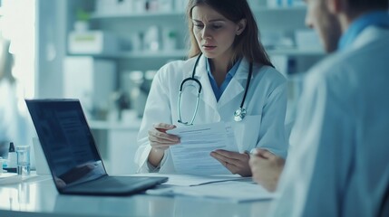 Medicine and healthcare concept doctor and patient discussing current health examination while sitting in clinic Medical care insurance prescription paper work annual physical examinat : Generative AI