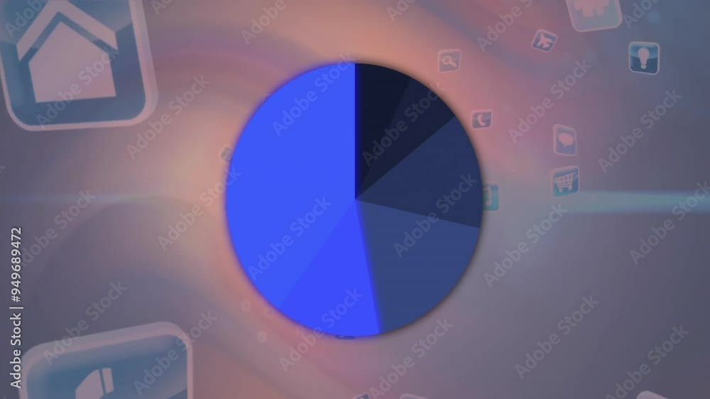Poster rotating pie chart animation over various digital icons on gradient background