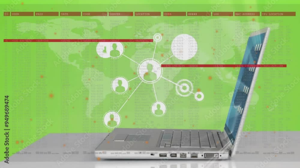 Poster laptop on desk with network connections and data processing animation over world map