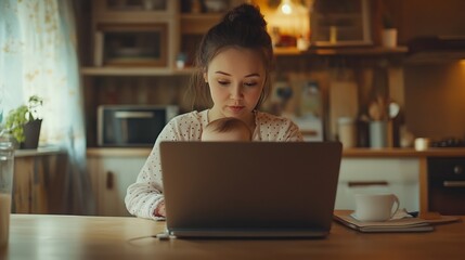 Kitchen writing and baby with mom remote work and child care in freelance career in home office Modern laptop or busy mother with newborn notebook and distraction for online job in fam : Generative AI