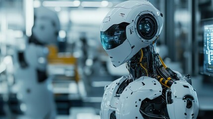 Fototapeta premium Futuristic robot with illuminated eyes and helmet for dynamic visual designs