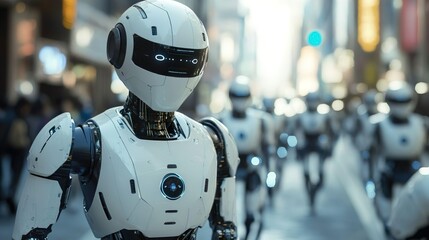 Fototapeta premium Futuristic robot with glowing helmet and illuminated eyes for cutting-edge imagery